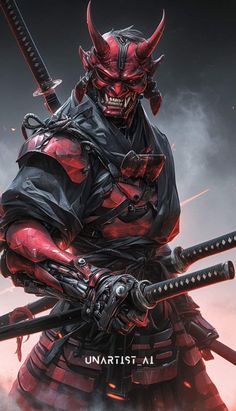 a character from the video game samurai, with two swords in his hand and an evil face