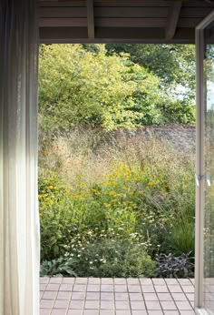 an open door leading to a lush green field with flowers and trees in the background