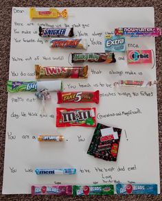 a piece of paper that has candy on it and some writing on the bottom half