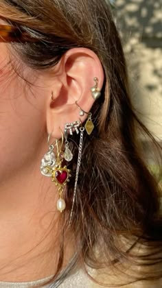 Mixing Gold And Silver Earrings, Mixed Jewelry Metals Ear, Mix Of Gold And Silver Jewelry, Gold And Silver Earring Stack, Gold And Silver Mixed Jewelry Aesthetic, Mix Metal Earring Stack, Earring Stacks Mixed Metal, Silver And Gold Jewelry Mixing Aesthetic, Mixed Metals Earrings