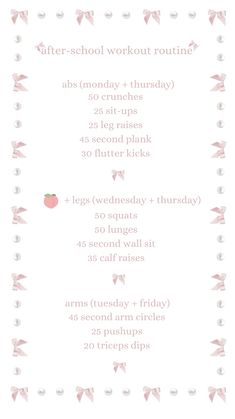 a pink and white poster with the words after school workout routine