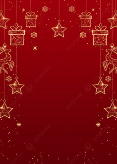 a red and gold christmas background with presents hanging from the ceiling, stars and snowflakes