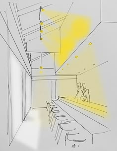 a drawing of a person sitting at a table in a room with yellow light coming from the ceiling