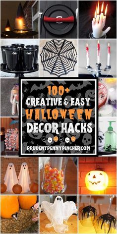 halloween decorations and candles are featured in this collage