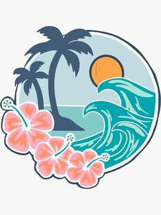 an ocean scene with palm trees and flowers