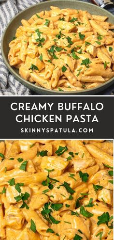 creamy buffalo chicken pasta in a skillet with parsley on top and the recipe below