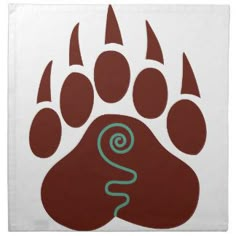 a brown bear paw with blue spirals on it's claws printed on a white napkin