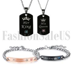 His and Hers Stainless Steel His Queen Her King Couple Tag Necklace Bracelet Set   Men's Bracelet: Material:Stainless Steel&Rhinestone Size:8.66"(22cm)*0.32"(8mm) Extended Chain Size:4cm Weight:23g Women's Bracelet: Material:Stainless Steel&Rhinestone Size:7.48"(19cm)*0.28"(7mm) Extended Chain Size:4cm Weight:16g Men's Necklace: Color: Black Material: Stainless Steel&Zirconia Pendant Size:1.57"(4cm)*0.86"(2.2cm) Chain Size:21.65"(55cm)*0.11"(0.3cm) Weight: 27g(Approx) Women's Necklace: Pendant Size:0.7"(1.8cm)*0.51"(1.3cm) His and Hers Stainless Steel His Queen Her King Couple Tag Necklace Bracelet Set His and Hers Stainless Steel His Queen Her King Couple Tag Necklace Bracelet Set   Men's Bracelet: Material:Stainless Steel&Rhinestone Size:8.66"(22cm)*0.32"(8mm) Extended Chain Size:4cm Wei His Queen Her King, Her King, His Queen, Green Sapphire Ring, Necklace Matching, Purple Sapphire, Valentines Gifts For Him, Men's Bracelet, Couple Bracelets