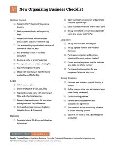 a checklist with the words new organizing business checklist written in orange on it