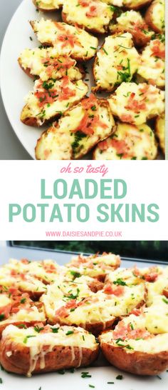 baked potato skins with cheese and herbs on top, and the words loaded potato skins above it