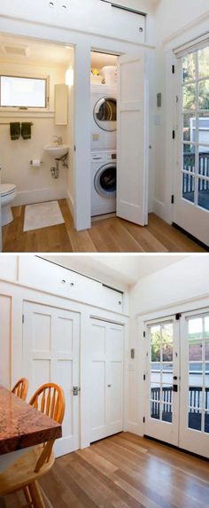 two pictures of the inside of a house with wood flooring and doors open to reveal a laundry room