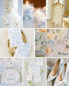 a collage of photos with wedding items and flowers on them, including shoes, napkins