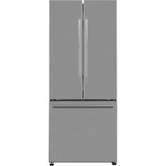 a silver refrigerator freezer sitting on top of a white wall