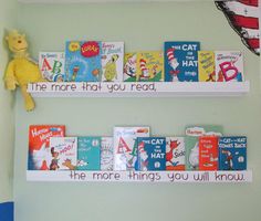 two bookshelves that have children's books on them