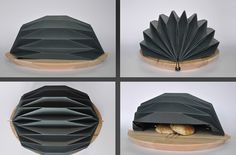 four different views of an origami style umbrella with bread in the bottom half