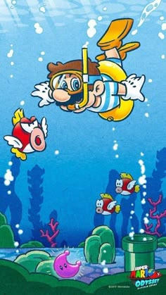 an image of a cartoon character flying through the air with fish in front of him