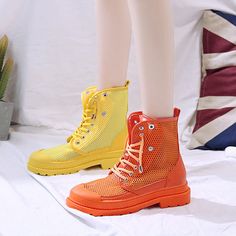 Casual Summer Lace-up Boots, Casual High-top Summer Boots, Yellow Lace-up Casual Boots, Casual Multicolor Boots With Flat Heel, Casual Yellow High-top Boots, Casual Multicolor Flat Heel Boots, High-top Yellow Boots For Spring, Spring Round Toe Boots For Outdoor Activities, Casual Multicolor Boots For Outdoor