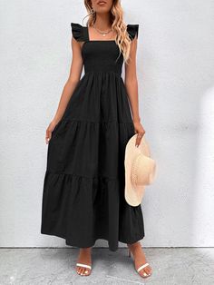 Preto Boho Collar Manga boné Tecido Simples Em A Embellished Não elástico Verão Vestidos para Mulheres Simple Long Summer Dress, Long Dresses Casual Maxi Simple, Vestido Casual Juveniles, Black Sundress With Ruffle Hem, Casual Black Ruffle Hem Dress, Summer Black Sundress With Ruffles, Black Tiered Summer Dress, Boho Maxi Dress Outfit, Black A-line Beach Dress