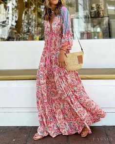 Lasaky - Paisley Print Bell Sleeve Drawstring Maxi Dress Casual Boho Outfits, 70s Vintage Fashion, Dress Women Elegant, Womens Floral Dress, Boho Floral Dress, Flowy Maxi Dress, Pink Maxi Dress, Boho Casual, Types Of Dresses