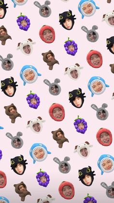 a pink background with many different pictures of people wearing hats and masks on them, all in various shapes and sizes