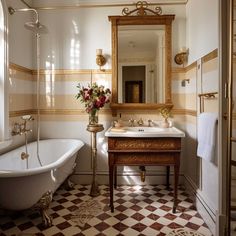 a bath room with a tub a sink and a mirror on the wall in it