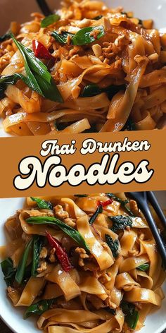 there is a plate of noodles with sauce and vegetables on the side that says thai drunk noodles