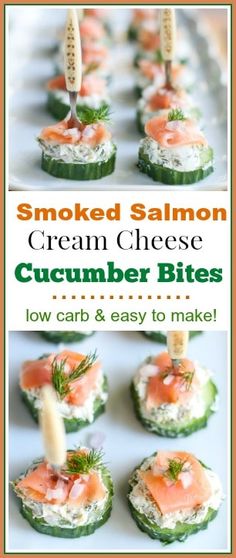 smoked salmon cream cheese cucumber bites on a baking sheet with text overlay