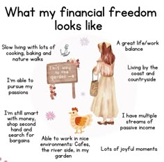 a poster with an image of a woman holding a basket next to a sign that says, what my financial freedom looks like