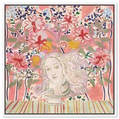 an image of a painting with flowers and leaves on the bottom half of it, in front of a pink background