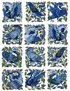 blue and green tiles with birds in the middle, on top of some leaves - like branches