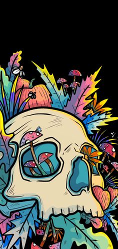 a skull with colorful flowers and leaves on it's head is seen in this image