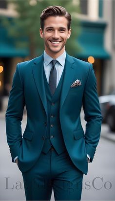 "PLEASE CHECK SIZE CHART CAREFULLY BEFORE PLACING ORDER" Elevate your style with LavidesignCo's Customized Men's Stylish Teal Blue Suit. This meticulously tailored suit is designed to offer an impeccable fit and a sophisticated look, making it ideal for a wide range of events. ◼ Key Features: 1. Tailored Fit: Expertly sharp and feel crafted for a flattering, tailored fit that ensures you look comfortable 2. Premium Quality Fabric: Made from high-quality viscose and satin, this suit provides a luxurious feel and refined appearance 3. Stylish Design: The classic Teal color and modern design make this tuxedo a versatile addition to your wardrobe, perfect for both formal and semi- formal occasions. 4. Complete 3-Piece Set: Includes a jacket, vest and trousers, providing a cohesive and polished Wedding Men Suit Blue, Teal Blue Tuxedo For Men, Wedding Suit Colors For Men, Aqua Suit For Men, Groom Teal Suit, Turquoise Tuxedo Wedding, Complete Suit Men, Teal Blue Suits For Men, Fall Men Suits