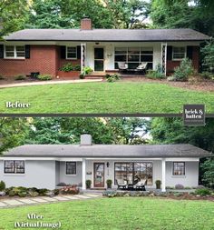 before and after pictures of a house in the front yard, with landscaping around it