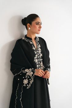 Embroidery Work Suit, Black Organza Sharara With Intricate Embroidery, Black Organza Designer Sets, Traditional Black Organza Sharara, Black Organza Anarkali Set With Sheer Dupatta, Elegant Chanderi Dupatta With Pearl Embroidery, Black Embroidered Organza Traditional Wear, Embroidered Black Organza Traditional Wear, Black Silk Palazzo Set With Resham Embroidery