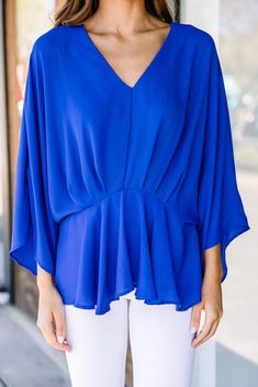 Chic Royal Blue Kimono Sleeve Blouse - Women's Tops – Shop The Mint Women Chiffon Blouse, Blue Kimono, Short Kimono, Kimono Sleeves, Drafting Patterns, Mint Julep, Black Denim Jeans, Kimono Sleeve, Model Fits