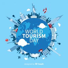 the world tourism day poster with an airplane flying over it and buildings in the background