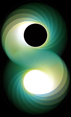 an abstract background with two circles in the center and one circle at the end, on black