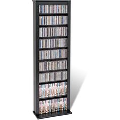 a tall black shelf with many dvds on it