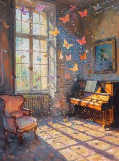 a painting of a room with a piano and butterflies flying in the air