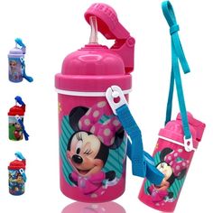 a minnie mouse water bottle with lanyard attached to it