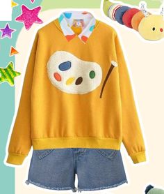 Weirdcore Aesthetic Outfits, Leaf Coneybear, Skyler Core, Kidcore Clothes, Pop Clothes, Silly Clothes, Applique Sweatshirt, Artist Palette, Funky Outfits