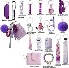 the contents of a purse and keychain are shown in this graphic above it's description