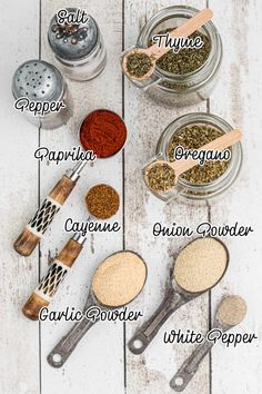 spices and seasonings on a white wooden table