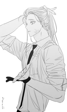 a black and white drawing of a person with headphones in their ears, wearing a shirt and tie