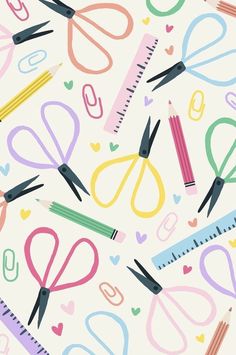 colorful school supplies and scissors on a white background with hearts, pencils, rulers and heart shapes