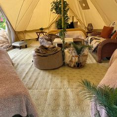 the inside of a tent with several beds and couches, plants in pots and pillows on the floor