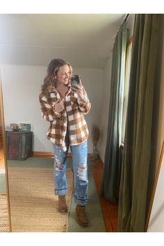 Soft to the touch this buffalo plaid fuzzy sherpa button down is a great layering piece! For the days it's a little chilly, toss this on and you're good to go! Looks great with any type of pant. Model is wearing her most true size, small. Paired with Cream Bralette & The Bentley Jean.