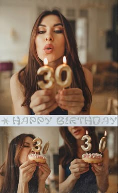 a woman blowing out candles on her birthday cake with the number 30 in front of her