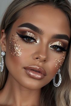 Beauty and Makeup: #beauty, #makeup, #skincare Glittery Prom Makeup, Golden Makeup Look Glam, Gold Goddess Makeup, Gold Glam Makeup, Golden Makeup Look, Grad Makeup, Prom Makeup Look, Gold Glitter Makeup, Glittery Makeup