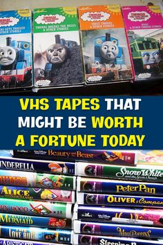 there are many dvd's stacked on top of each other with the words, vhs tapes that might be worth a fortune today